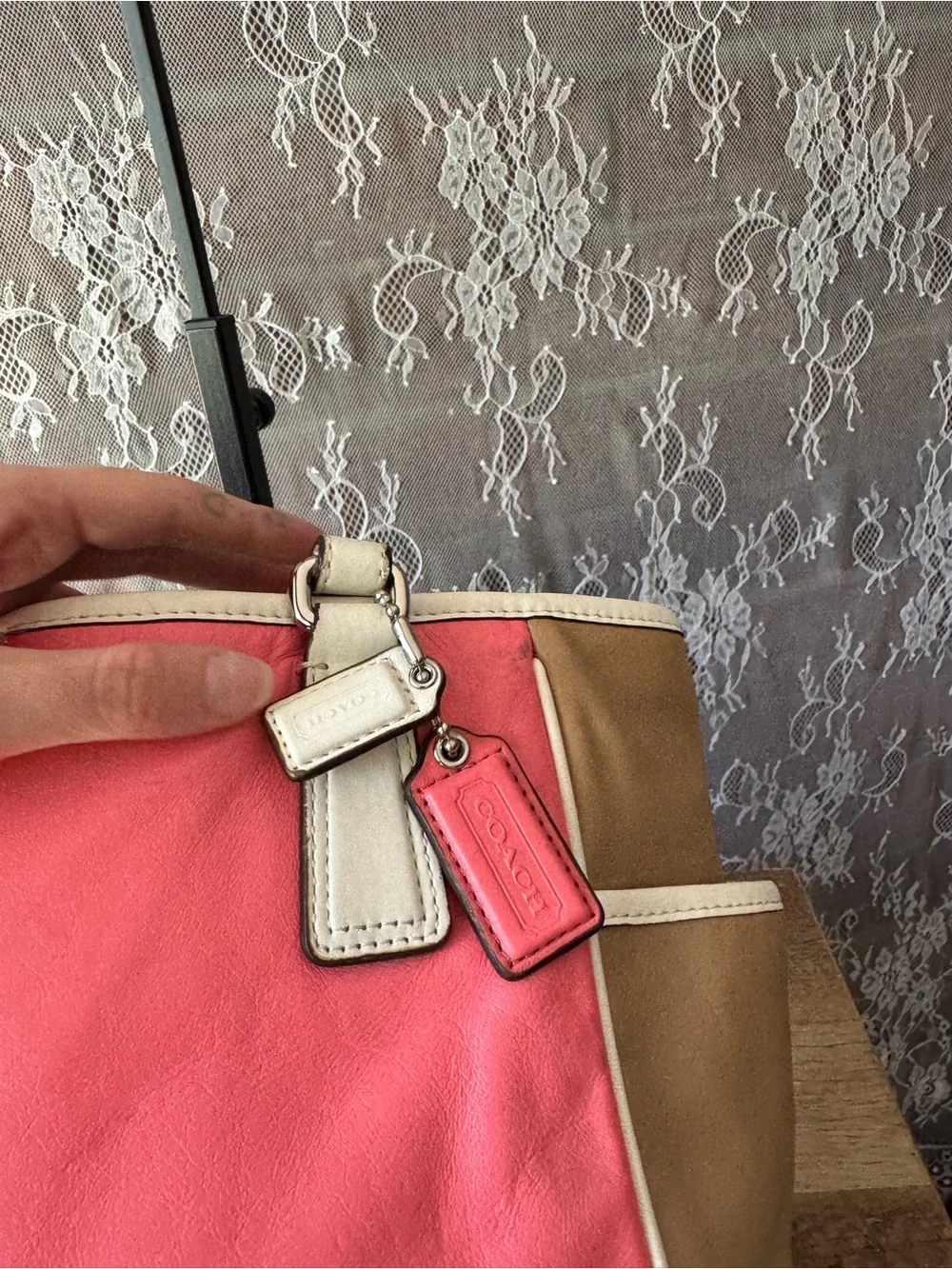 Coach Pink and Tan Leather Tote with White Trim